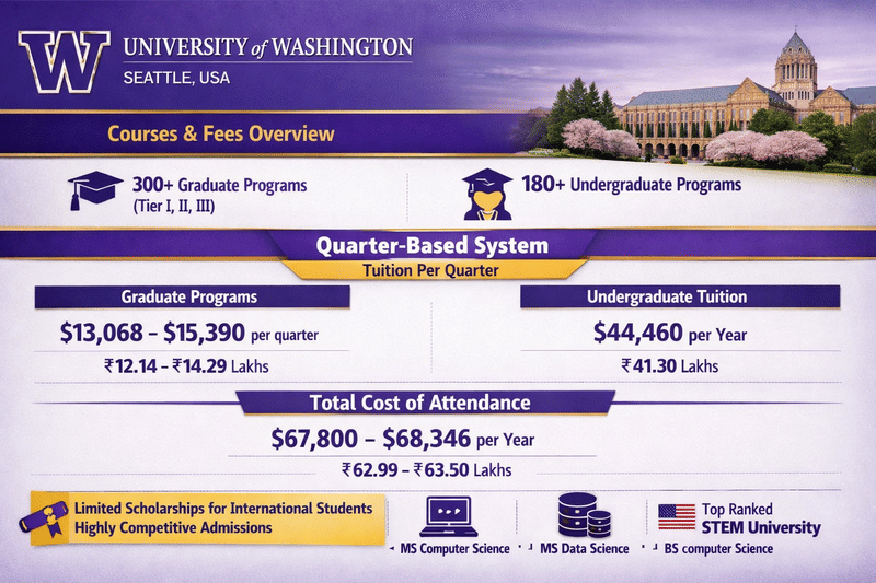 Infographic showing University of Washington (Seattle) courses and fees overview for 2026, highlighting 300+ graduate and 180+ undergraduate programs, a quarter-based system, graduate tuition of $13,068–$15,390 per quarter, undergraduate tuition of $44,460 per year, and total annual cost of attendance of $67,800–$68,346, along with notes on limited scholarships and strong STEM programs.