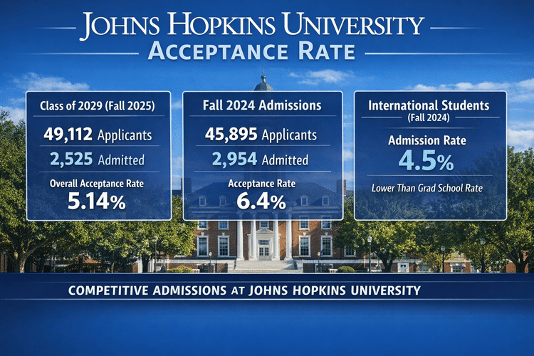 Infographic showing Johns Hopkins University acceptance rates. The title reads &lsquo;Johns Hopkins University Acceptance Rate&rsquo; above three data boxes. The first box shows Class of 2029 (Fall 2025): 49,112 applicants, 2,525 admitted, 5.14% overall acceptance rate. The second box shows Fall 2024 Admissions: 45,895 applicants, 2,954 admitted, 6.4% acceptance rate. The third box shows International Students (Fall 2024): 4.5% admission rate, lower than graduate school rate. Background features Gilman Hall on the JHU campus under a blue sky.