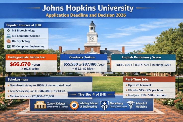 Informational graphic about Johns Hopkins University application deadlines and decisions for 2026, showing popular courses, tuition fees, English proficiency requirements, scholarships, part‑time job opportunities, and the four major schools at JHU, with a campus building and brick walkway in the background.