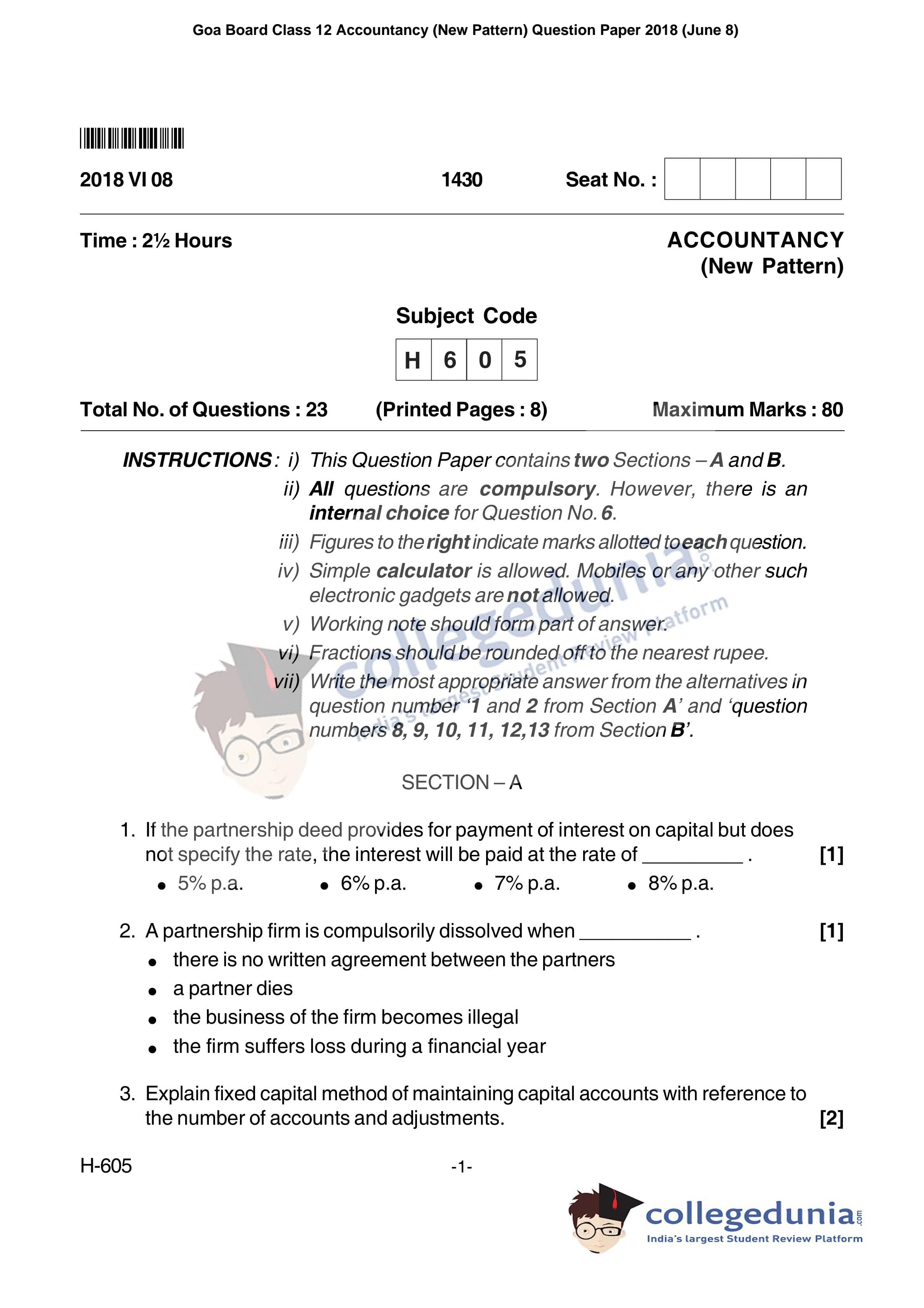 Goa Board HSSC Accountancy (New Pattern) Supplementary Question Paper ...