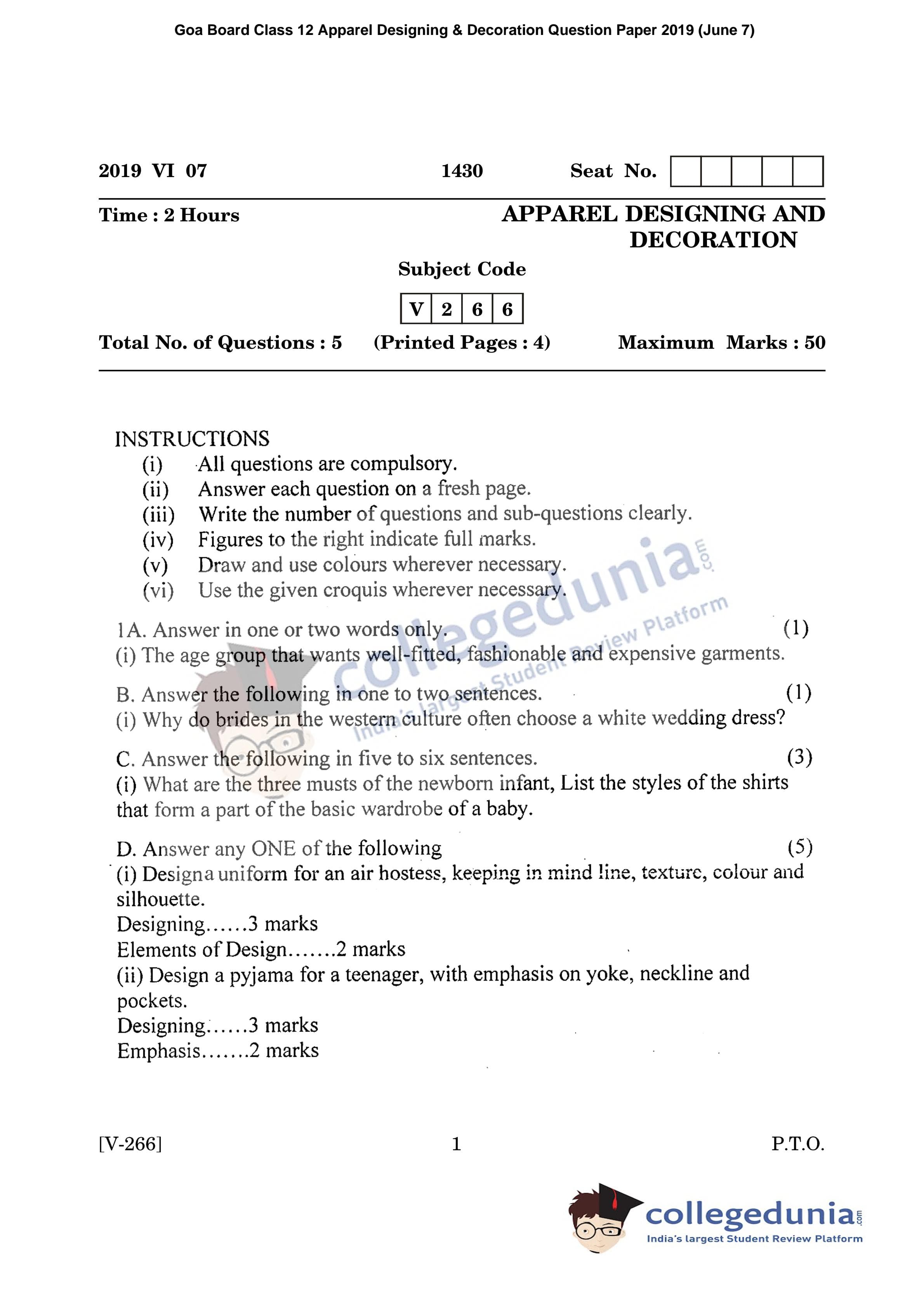 Goa Board HSSC Apparel Designing & Decoration Supplementary Question ...