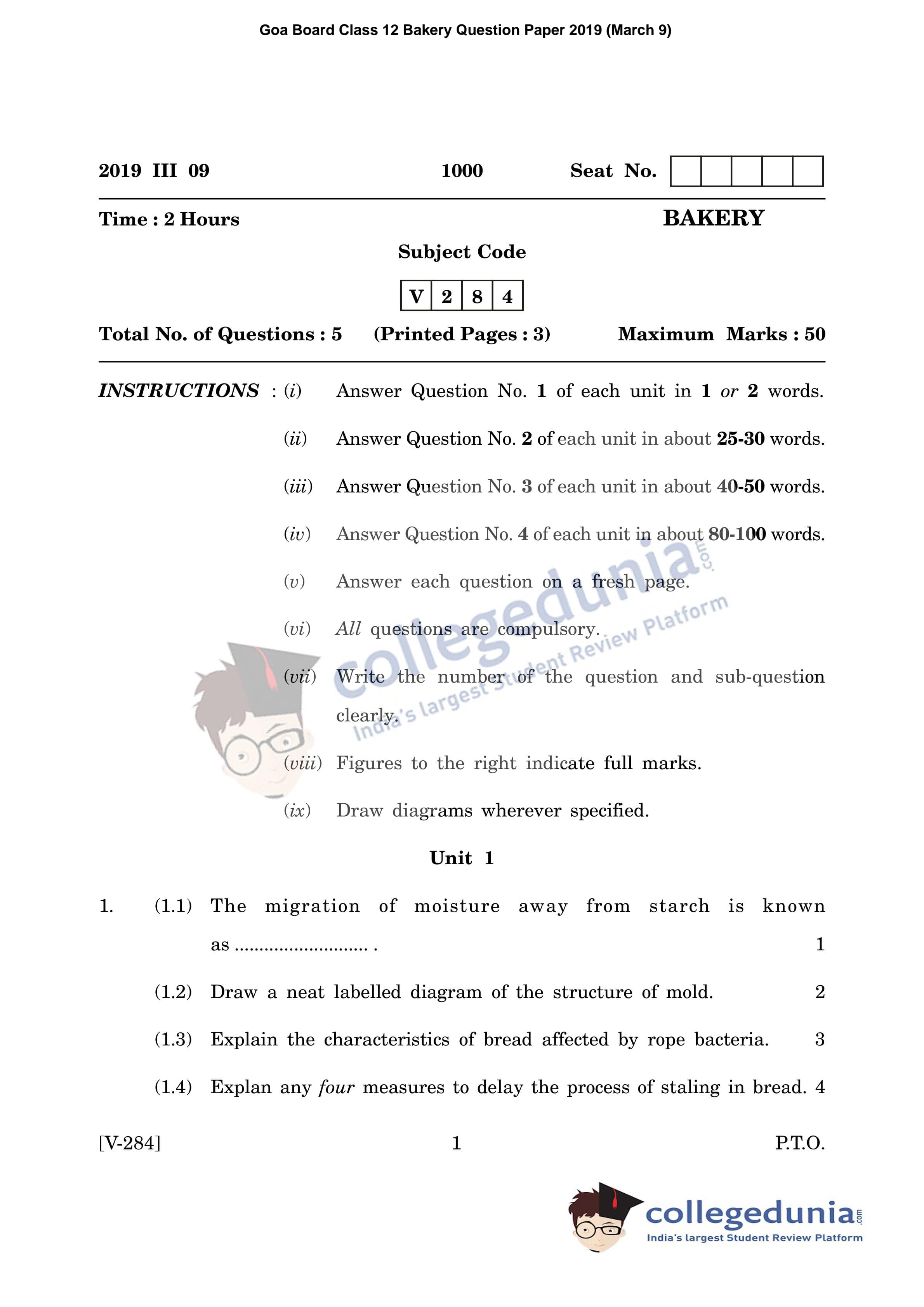 Goa Board HSSC Bakery Question Paper 2019 with Answer Key (March 9)