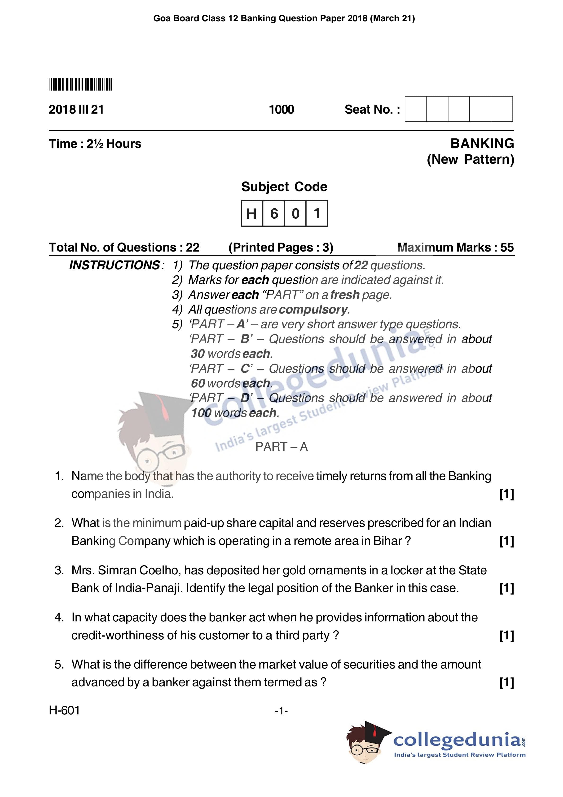 Goa Board HSSC Banking Question Paper 2018 with Answer Key (March 21)