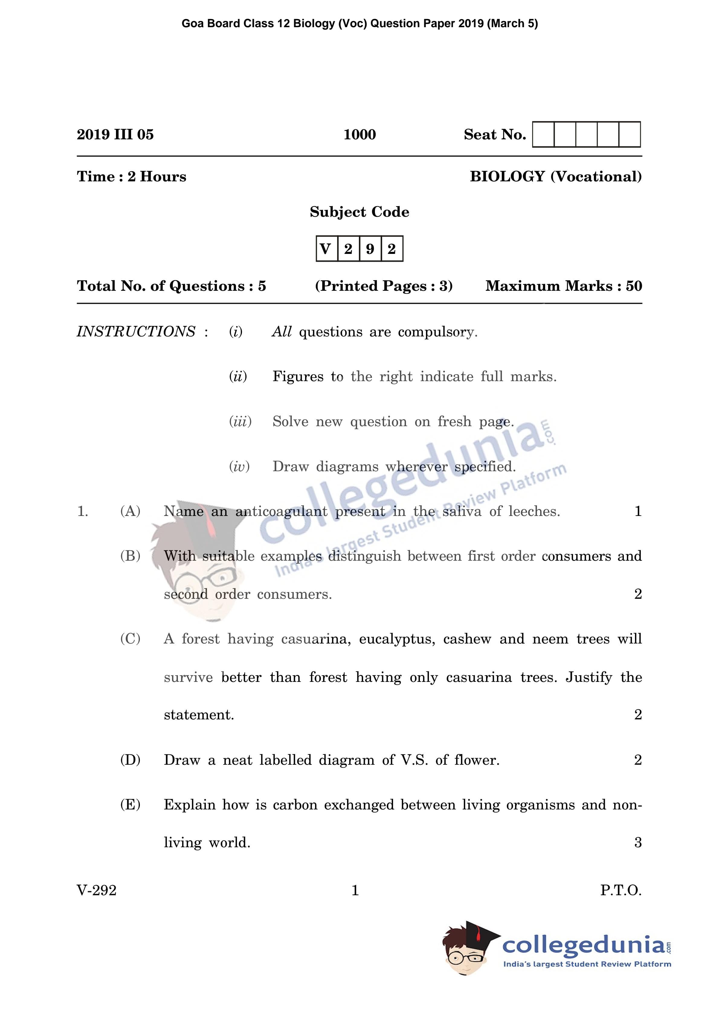 Goa Board HSSC Biology (Voc) Question Paper 2019 with Answer Key (March 5)