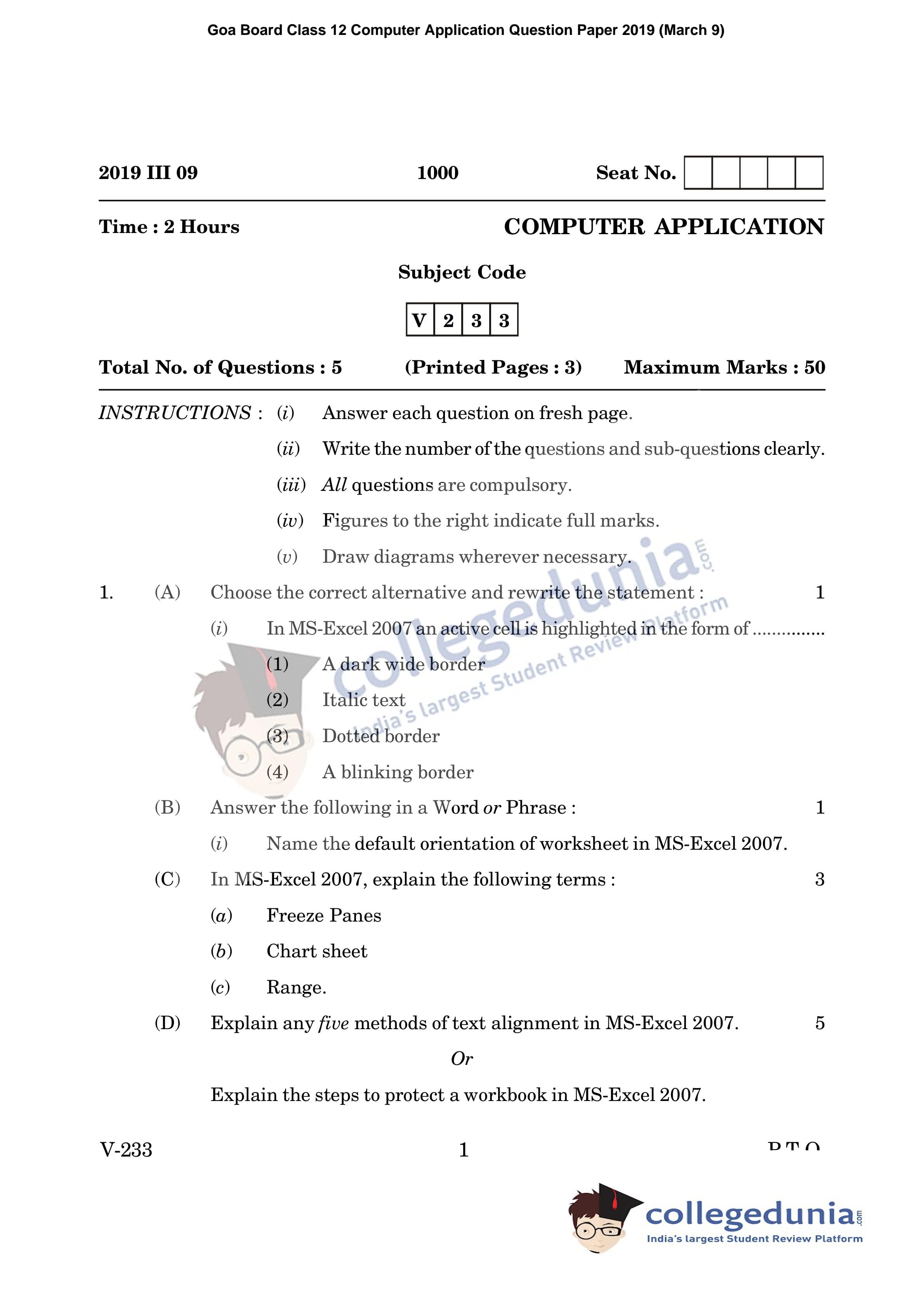 Goa Board HSSC Computer Application Question Paper 2019 with Answer Key ...