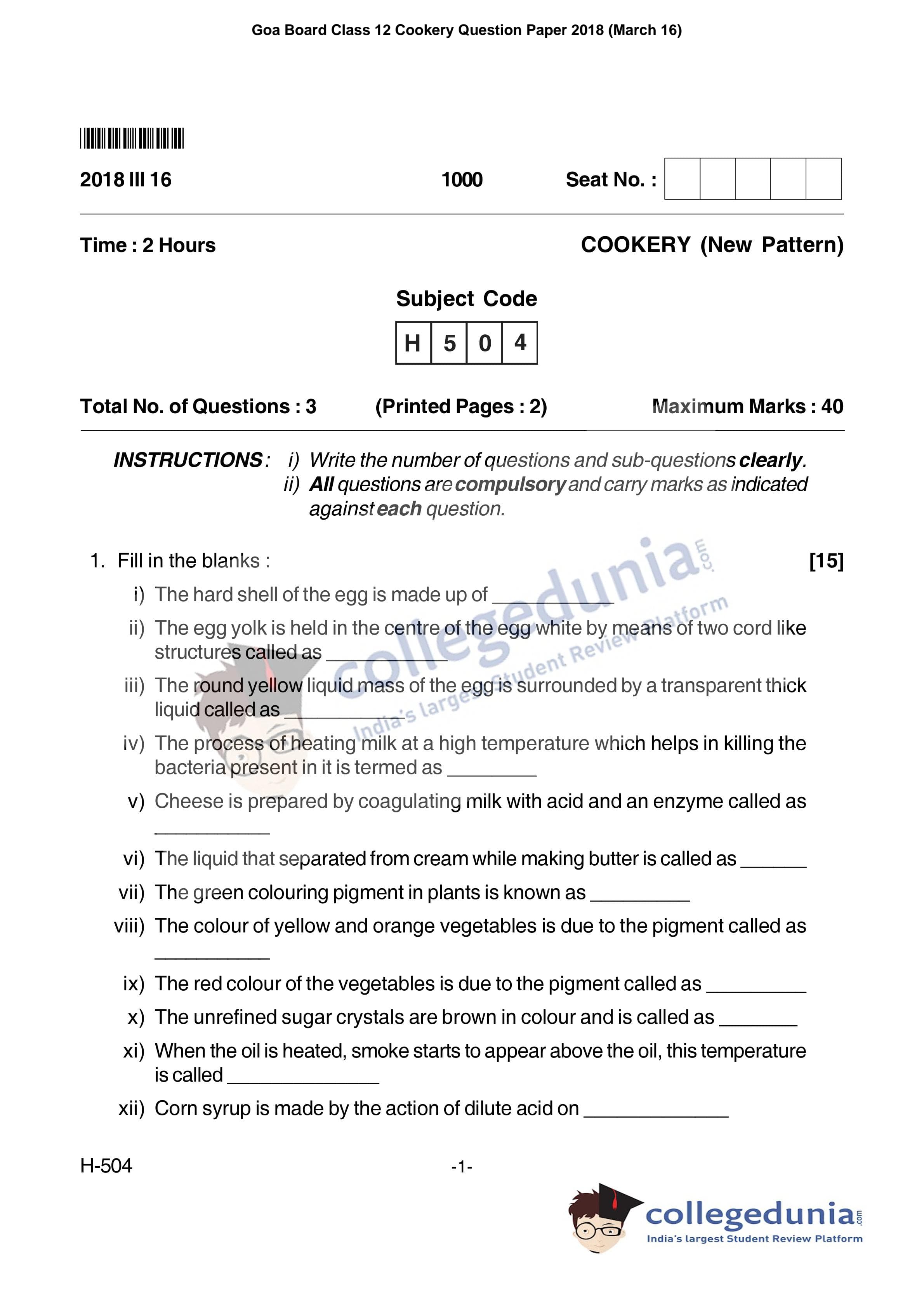 Goa Board HSSC Cookery Question Paper 2018 with Answer Key (March 16)