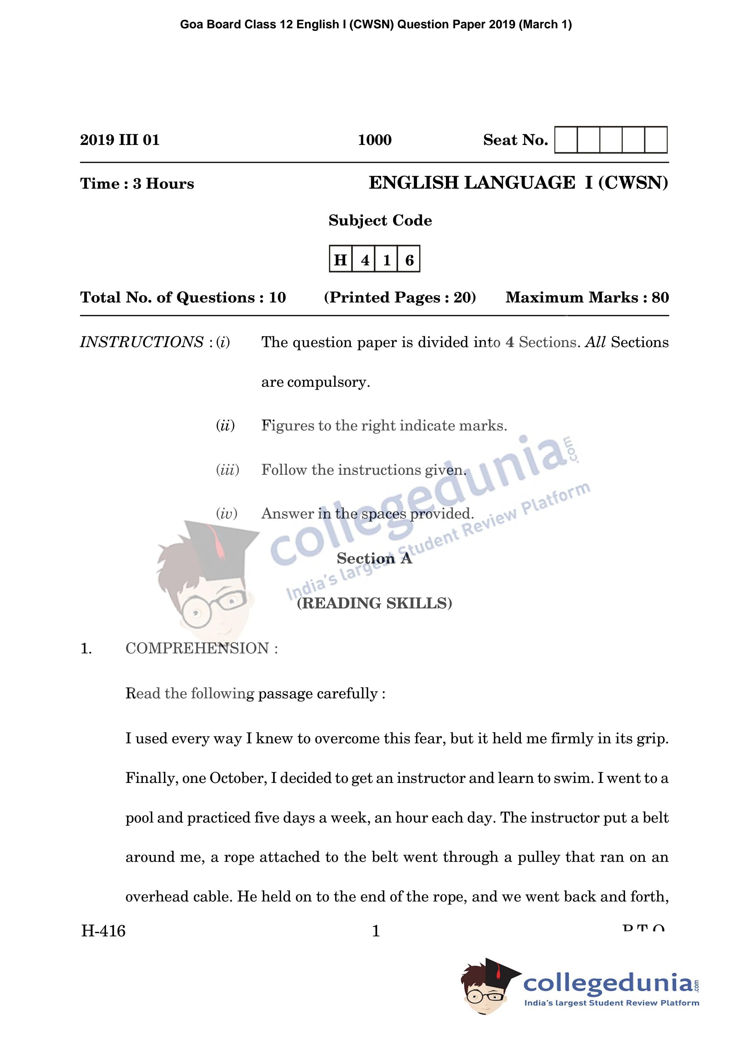 Goa Board HSSC English I (CWSN) Question Paper 2019 with Answer Key ...