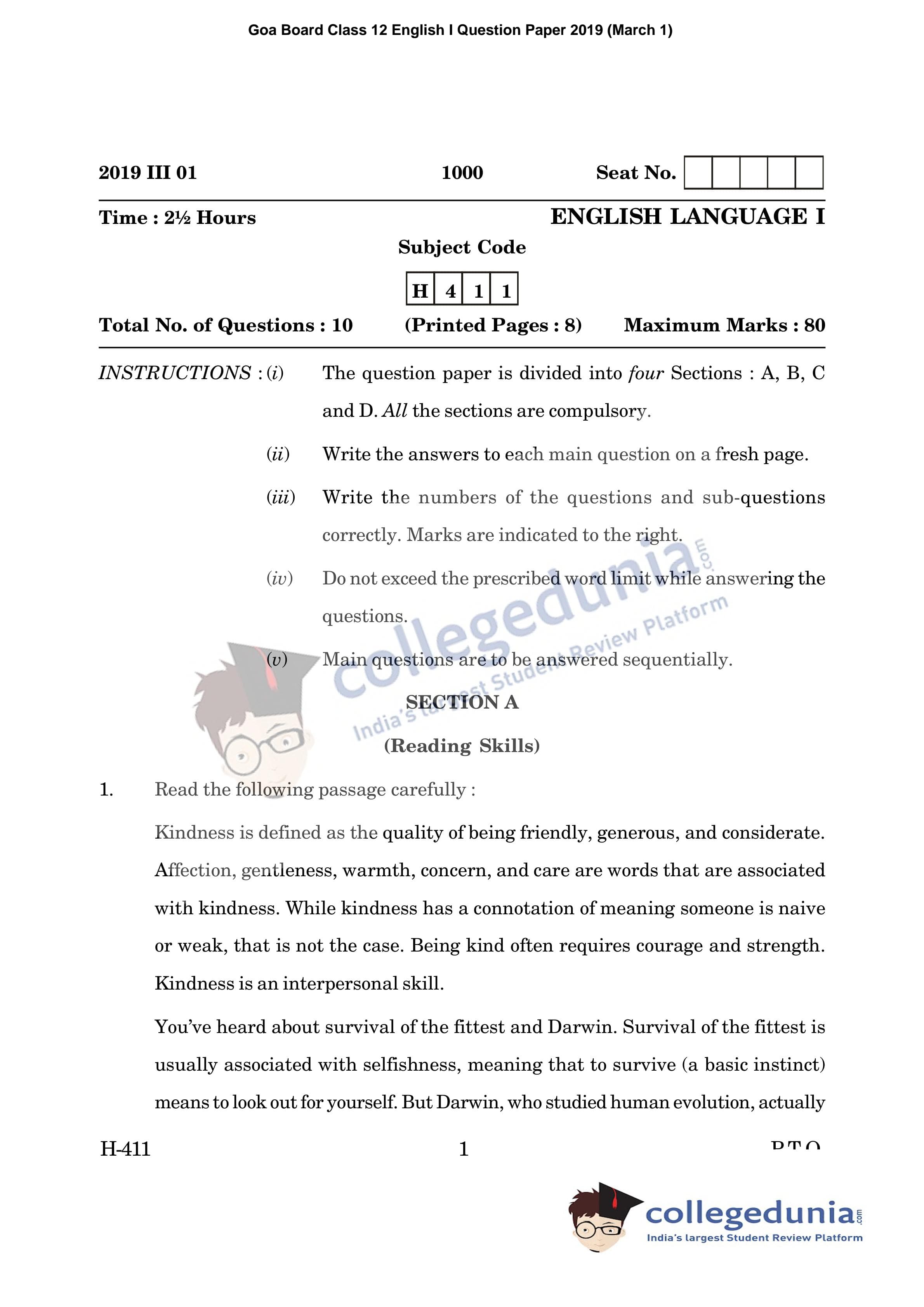 Goa Board HSSC English I Question Paper 2019 with Answer Key (March 1)