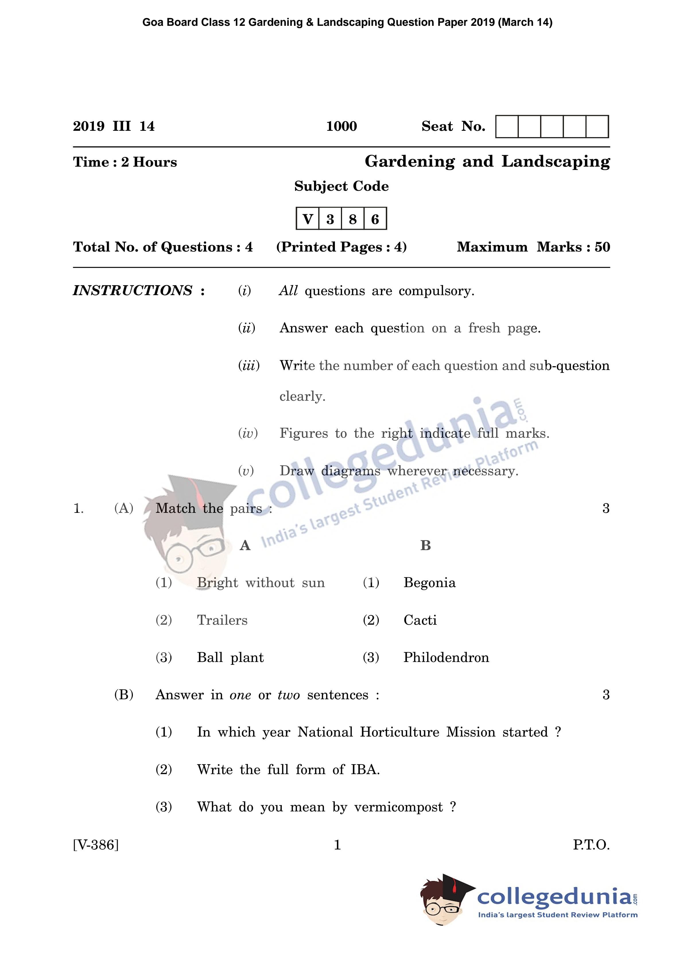 Goa Board HSSC Gardening & Landscaping Question Paper 2019 with Answer ...