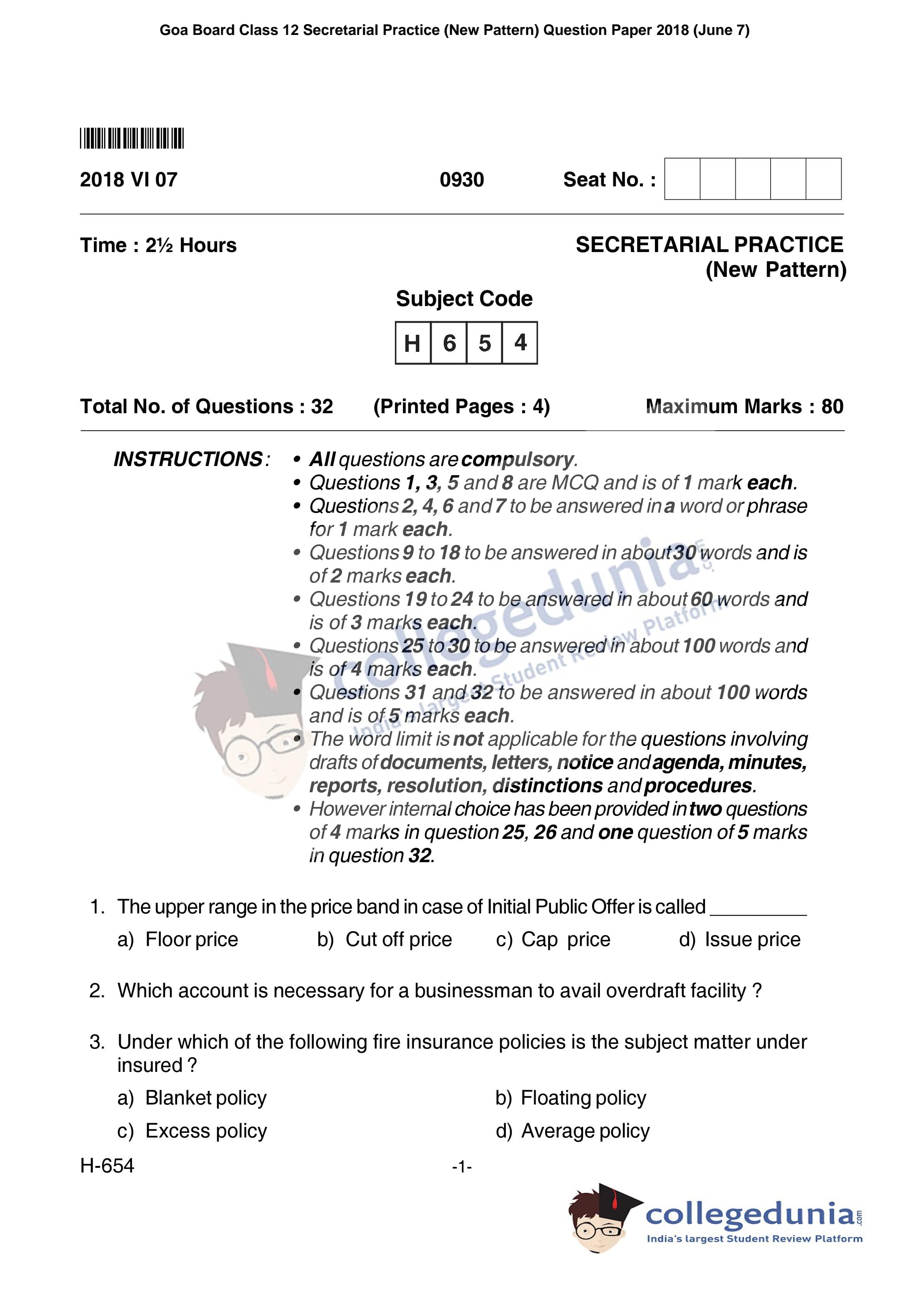 Goa Board HSSC Secretarial Practice (New Pattern) Supplementary ...