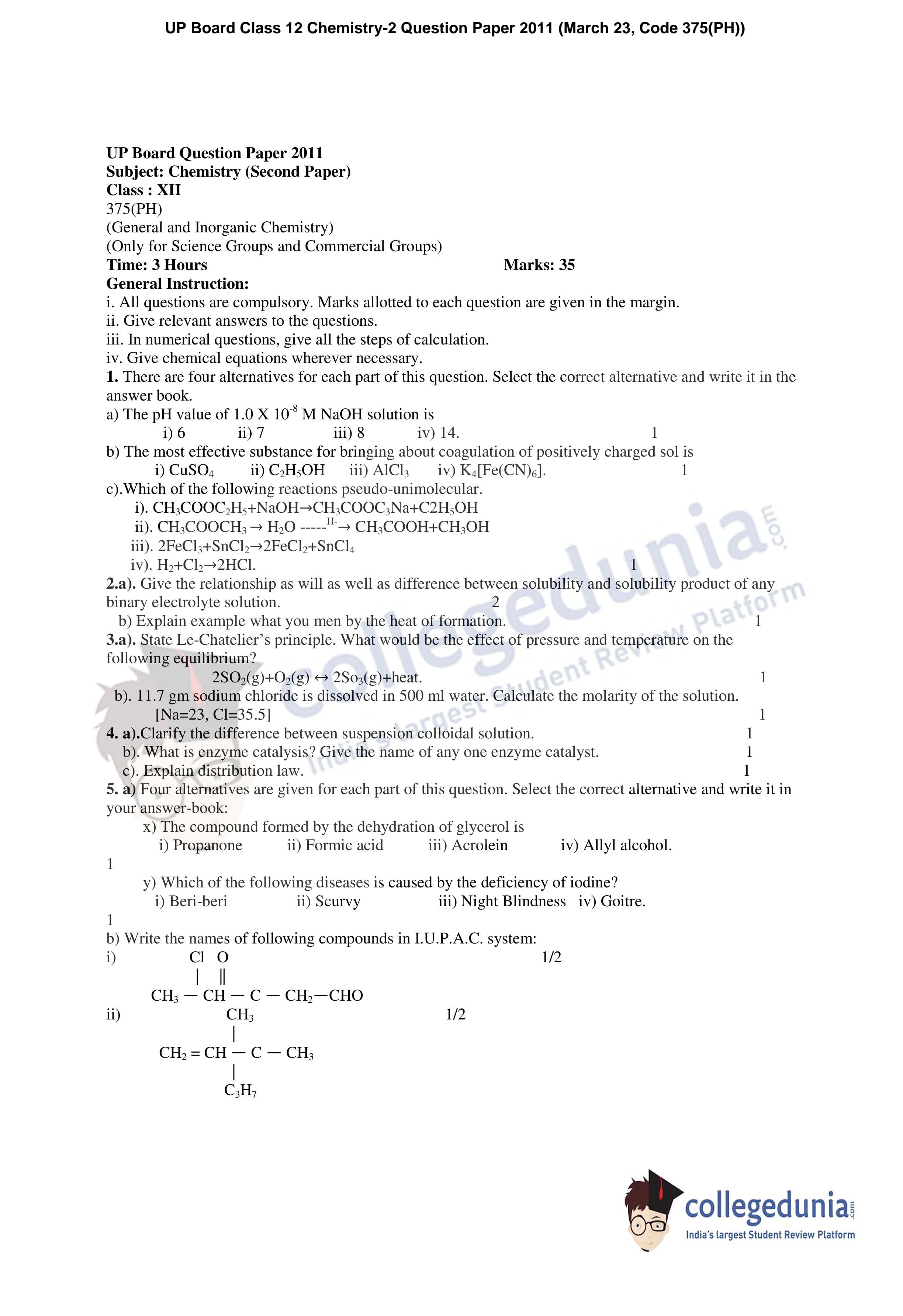 UP Board Class 12 Chemistry-2 Question Paper 2011 with Answer Key ...