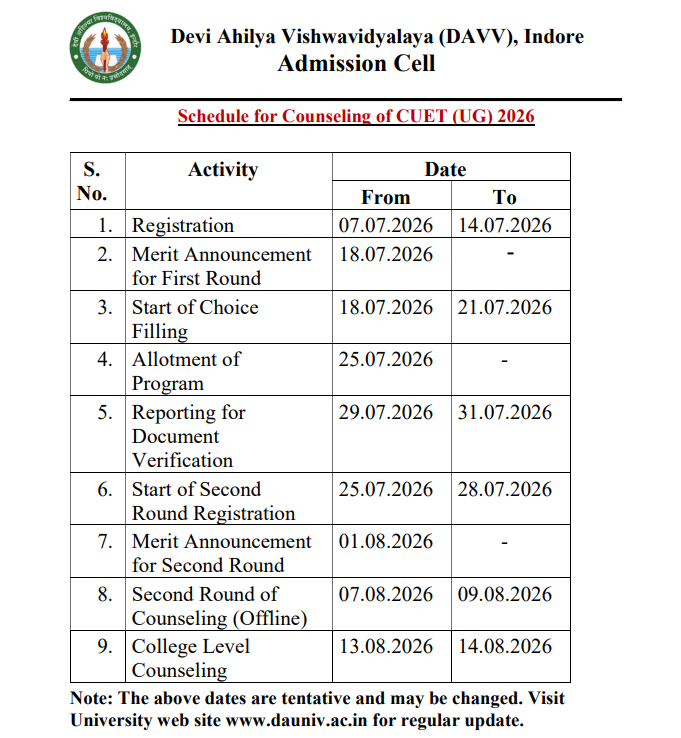 DAVV Indore UG Admission 2026 CUET Registration Ends July 14
