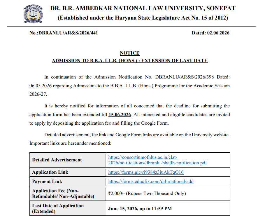 DBRANLU BBA LLB Hons 2026 Registration Deadline Extended