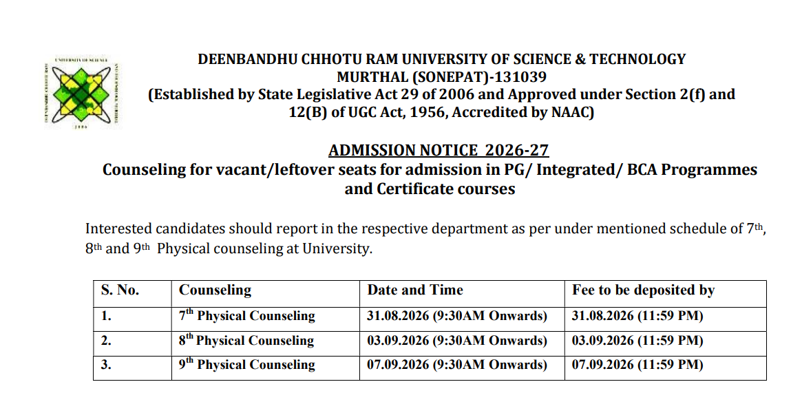DCRUST Physical Counselling 2026 Important Dates
