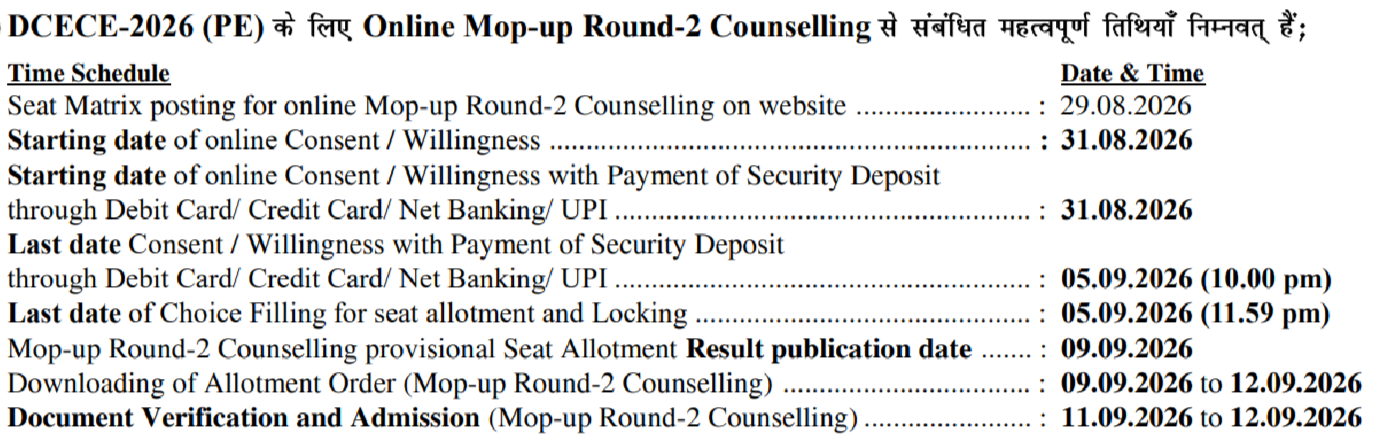 DCECE 2026 Mop-Up Round 2 Counselling Schedule