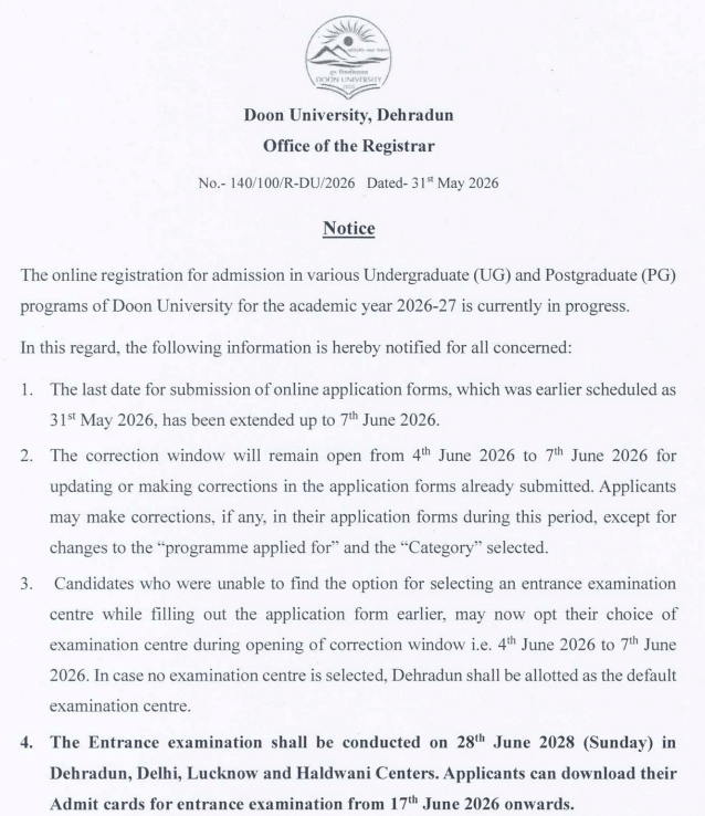 Doon University Admission 2026 Deadline Extended 