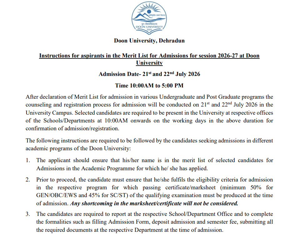 Doon University Merit List 2026