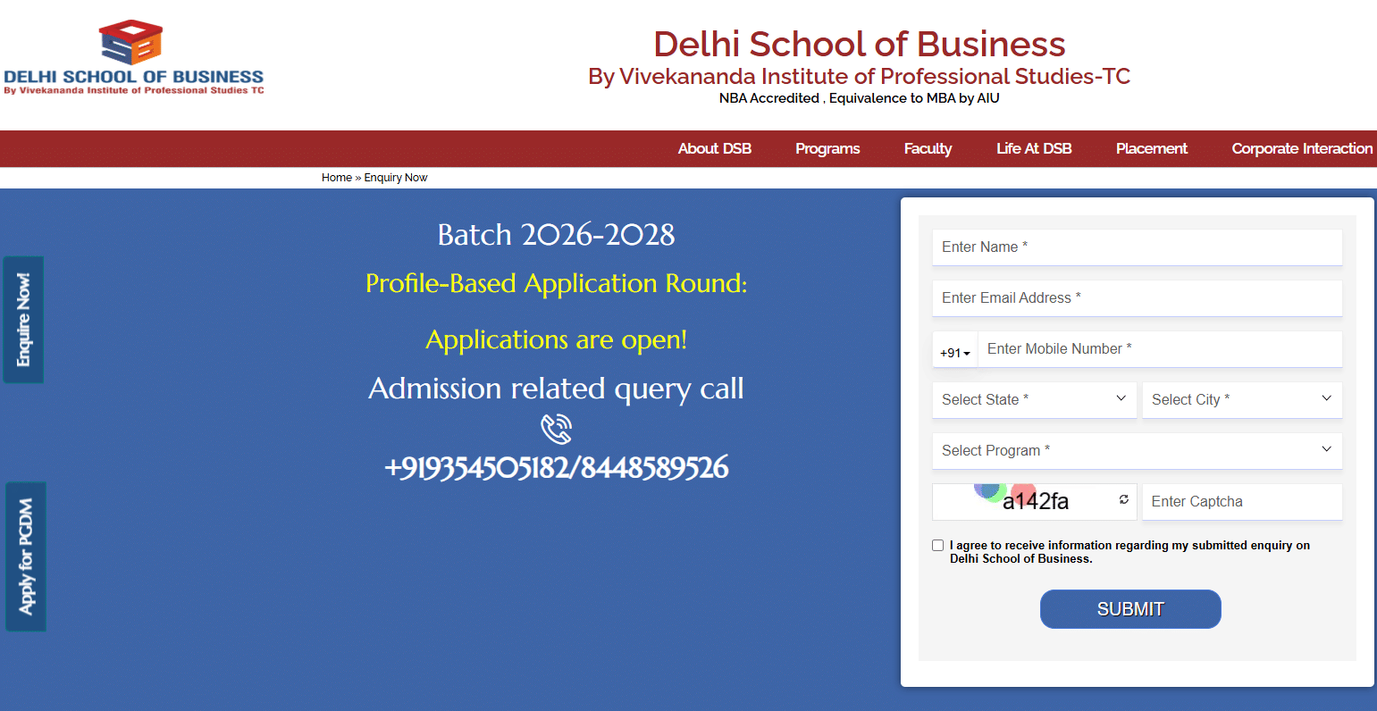 Delhi School of Business MBA 2026-28 Batch