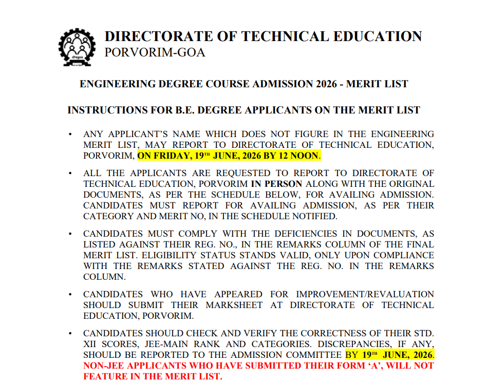DTE Goa BTech Merit List 2026 Released 