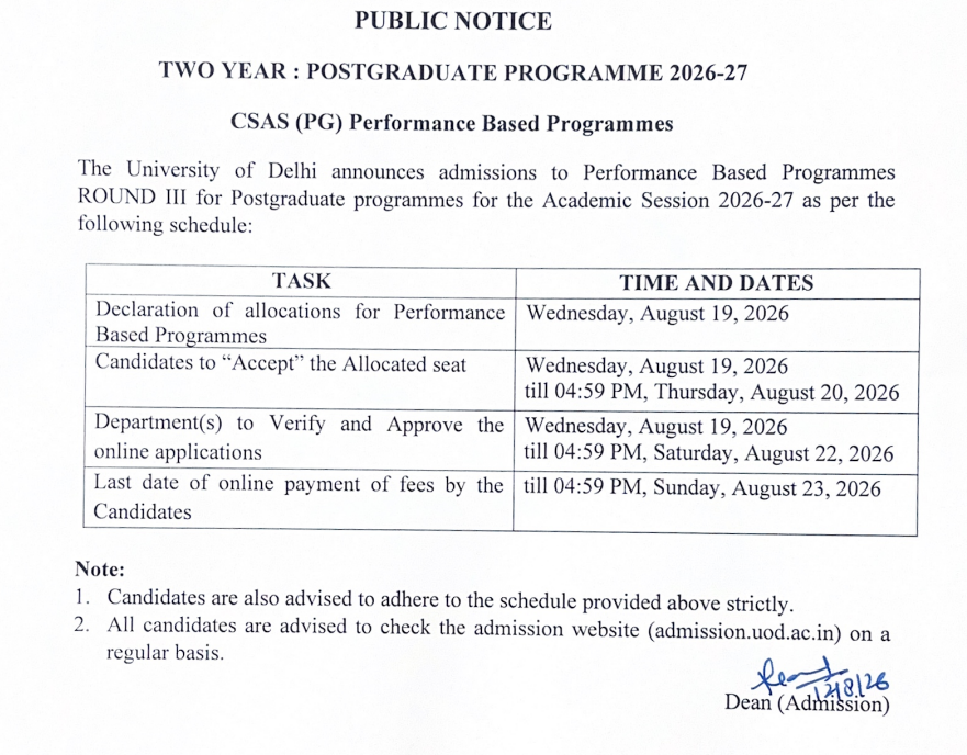 DU CSAS PG 2026 Spot Round 2 Important Dates