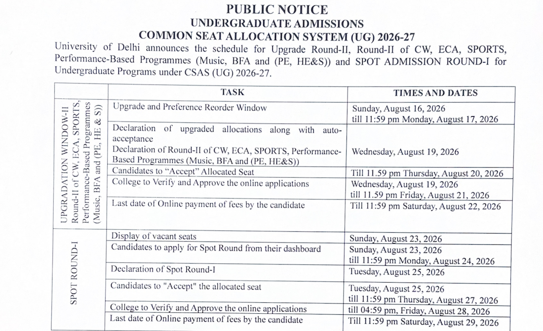 DU CSAS UG 2026 Spot Round 1 Key Dates