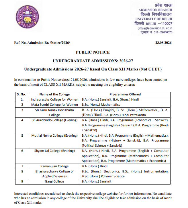 DU Nine Additional Colleges and Programmes