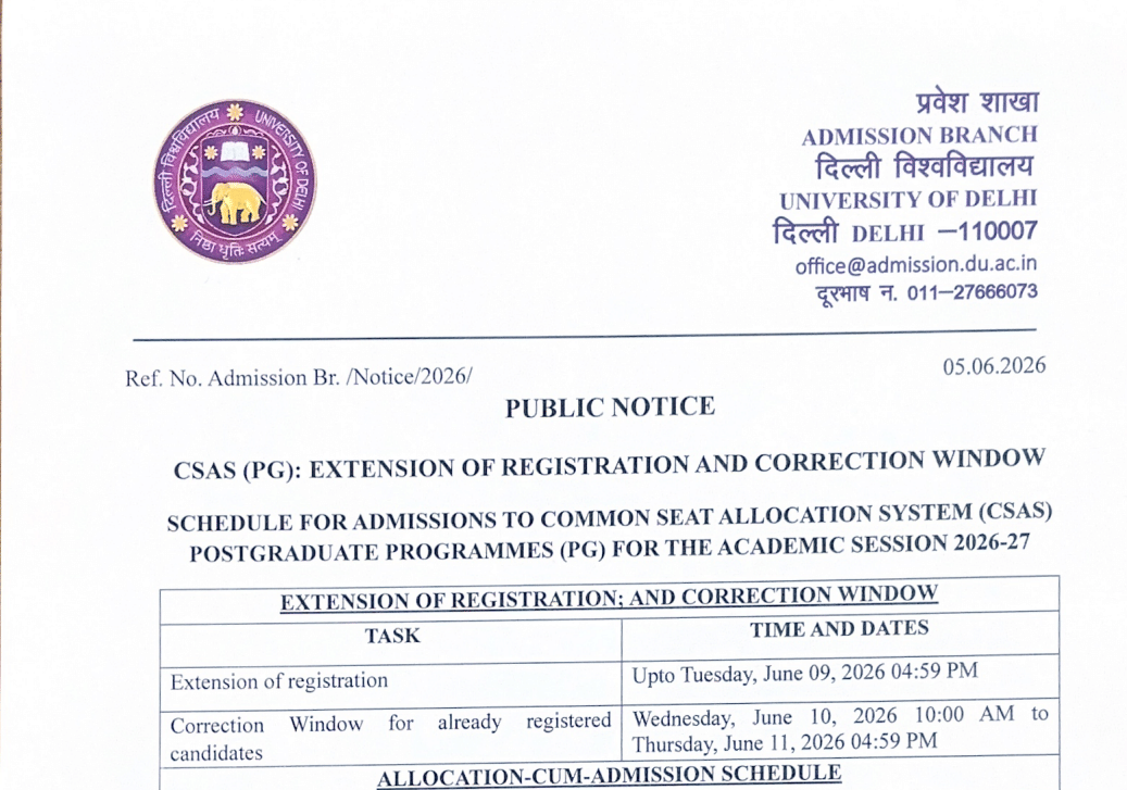 DU PG CSAS 2026 Correction Window Opens Today Check Last Date