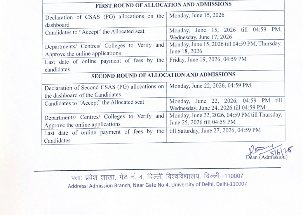 DU PG CSAS 2026 Correction Window Opens Today Check Last Date