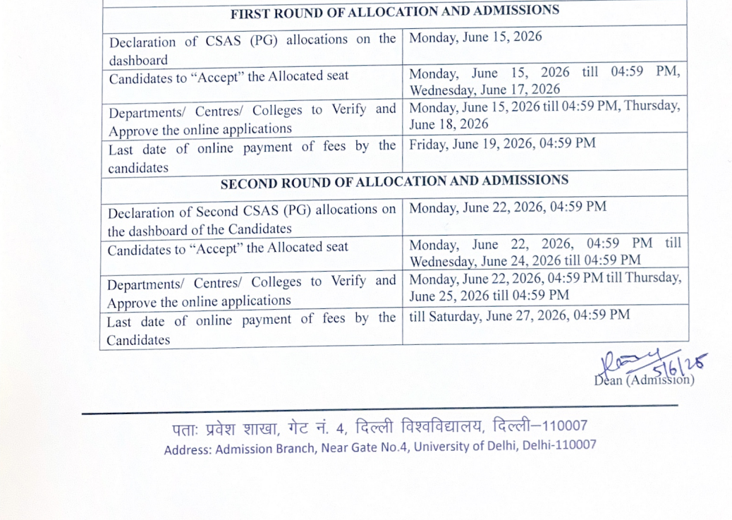 DU PG CSAS 2026 First Allotment List Out at pgadmission uod ac in