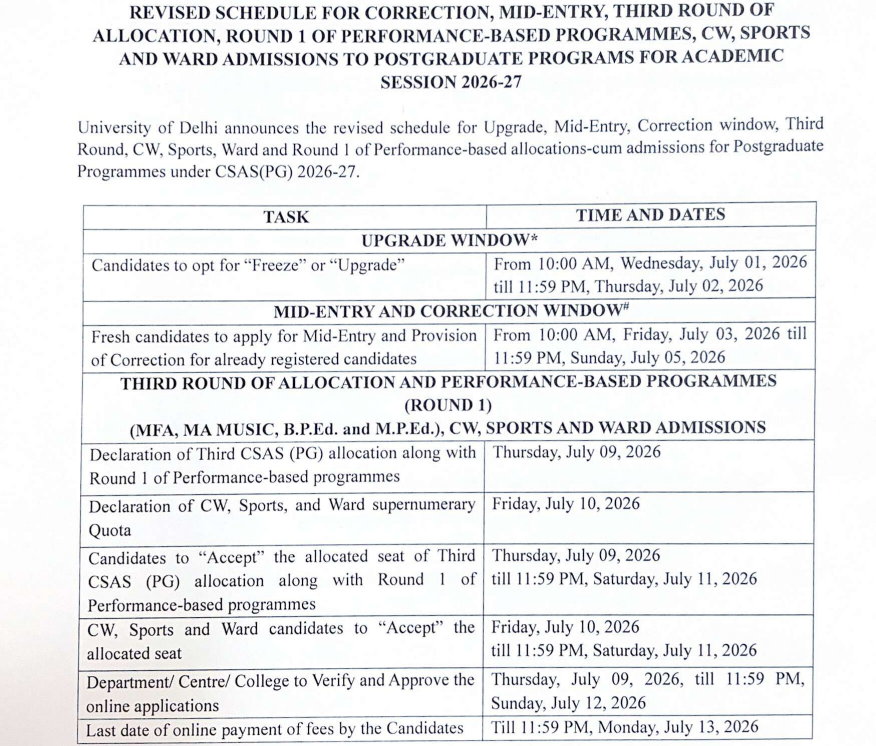 DU CSAS PG Round 3 Allotment Result 2026