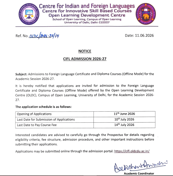 DU SOL Foreign Language Certificate and Diploma Admissions 2026