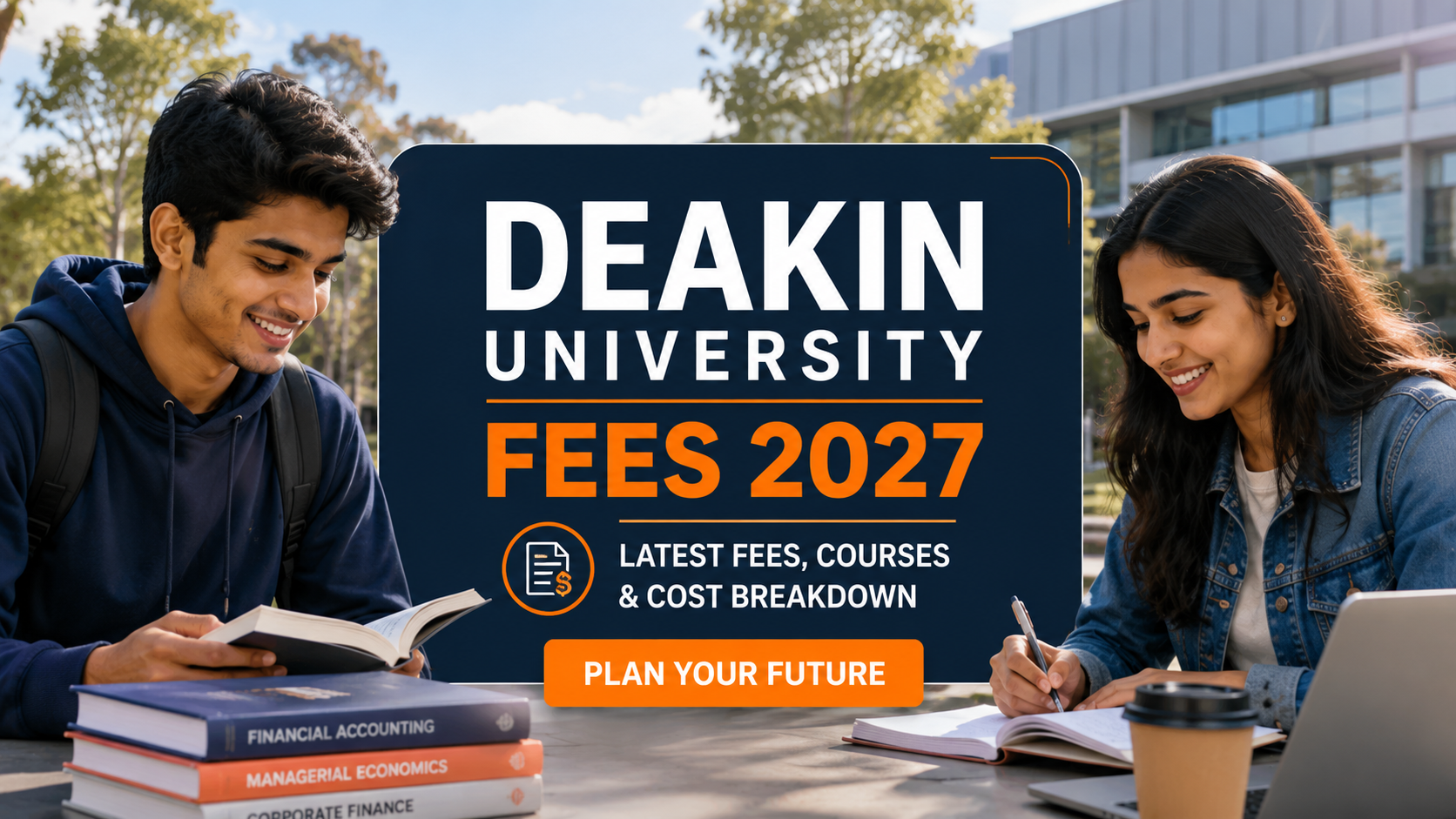 Deakin University Fees 2027 graphic featuring Indian students with books, a university campus background, and details about fees, courses, and cost breakdown.
