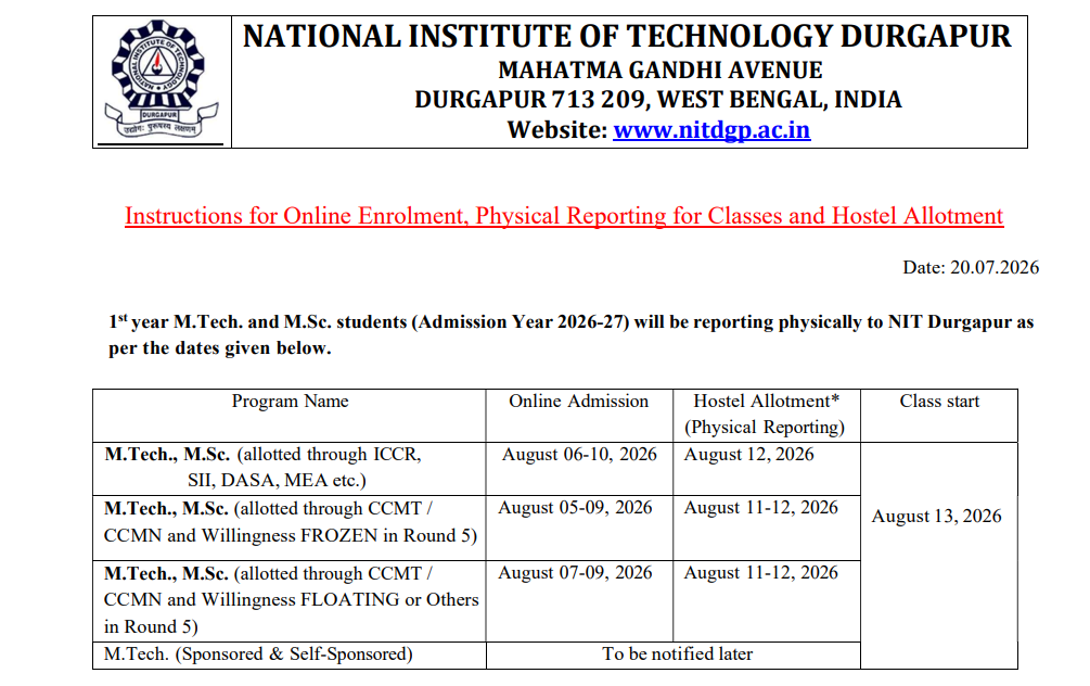 NIT Durgapur PG Admission 2026-27 Important Dates