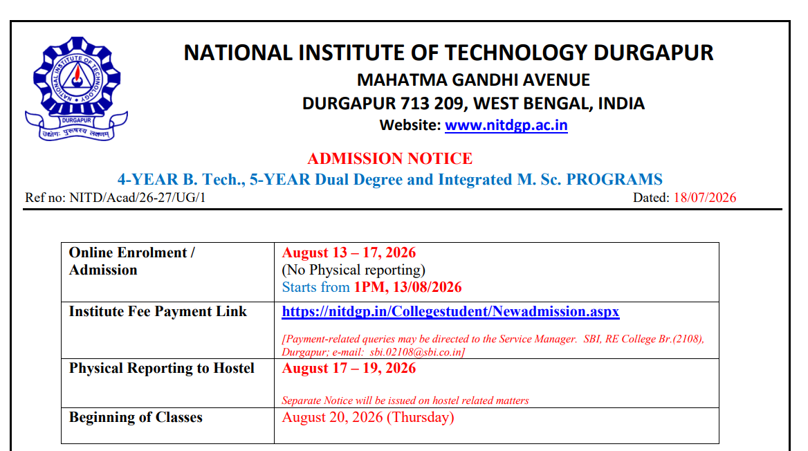 NIT Durgapur UG Admission 2026-27 Important Dates