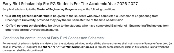 Chandigarh University (CU) Early Bird Scholarship For PG Students For The Academic Year 2026