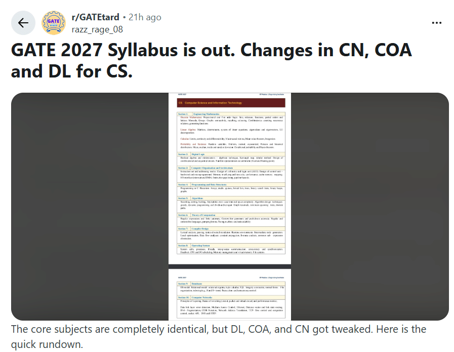 Reddit Discussion on&nbsp;GATE 2027 CSE Syllabus Changes