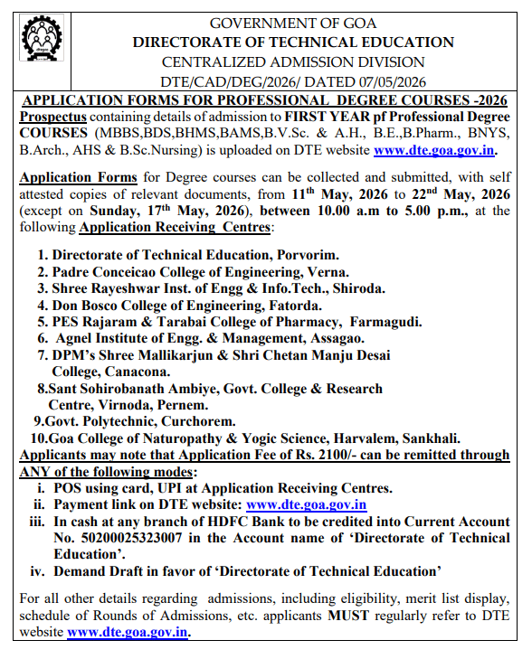 DTE Goa UG Admission 2026 Begins; Submit Application by May 22