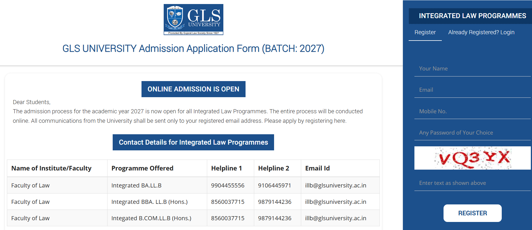 Programmes Open Under GLS Integrated Law Admission 2027