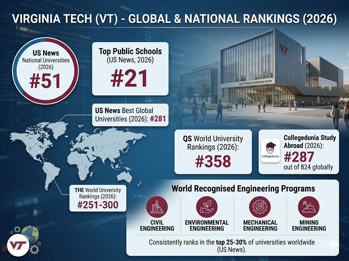 Infographic titled &ldquo;Global & National Rankings (2026)&rdquo; for Virginia Tech showing key rankings: US News National Universities #51, Top Public Schools #21, US News Best Global Universities #281, QS World University Rankings #358, THE World University Rankings #251&ndash;300, and Collegedunia Study Abroad #287 (out of 824). The design includes a campus building image, a world map, and icons highlighting strong engineering programs in Civil, Environmental, Mechanical, and Mining Engineering, with a note that the university ranks in the top 25&ndash;30% globally.