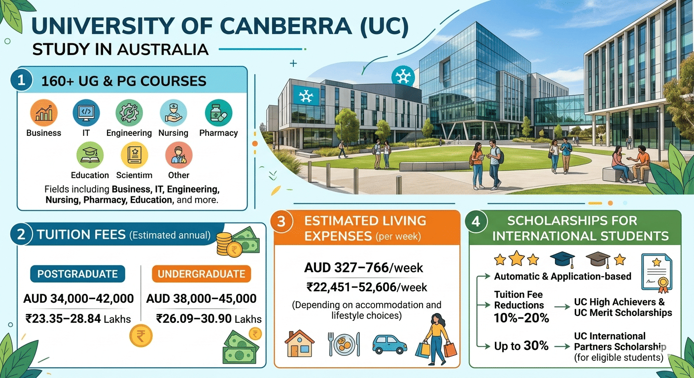An informative educational infographic about the University of Canberra (UC) in Australia, tailored for international students. The graphic features a clean, modern design split into an image section and four distinct informational panels. Header and Image: At the top left, the title reads "UNIVERSITY OF CANBERRA (UC) - STUDY IN AUSTRALIA". The top right features a high-quality photograph of the modern, glass-fronted University of Canberra campus building, complete with a green courtyard and students walking and chatting. Panel 1 - Courses: Titled "160+ UG & PG COURSES", this section includes icons for various fields of study: Business, IT, Engineering, Nursing, Pharmacy, and Education, with text noting fields including these and more. Panel 2 - Tuition Fees: Titled "TUITION FEES (Estimated annual)", it compares fees using illustrations of currency. Postgraduate fees are listed as AUD 34,000&ndash;42,000 (₹23.35&ndash;28.84 Lakhs), and Undergraduate fees are listed as AUD 38,000&ndash;45,000 (₹26.09&ndash;30.90 Lakhs). Panel 3 - Living Expenses: Titled "ESTIMATED LIVING EXPENSES (per week)", it lists the range as AUD 327&ndash;766/week (₹22,451&ndash;52,606/week) depending on accommodation and lifestyle choices. Small icons depict a house, a plate of food, a car, and shopping bags. Panel 4 - Scholarships: Titled "SCHOLARSHIPS FOR INTERNATIONAL STUDENTS", it details automatic and application-based options. It highlights tuition fee reductions of 10%&ndash;20% via the UC High Achievers and UC Merit Scholarships, and up to 30% via the UC International Partners Scholarship for eligible students.