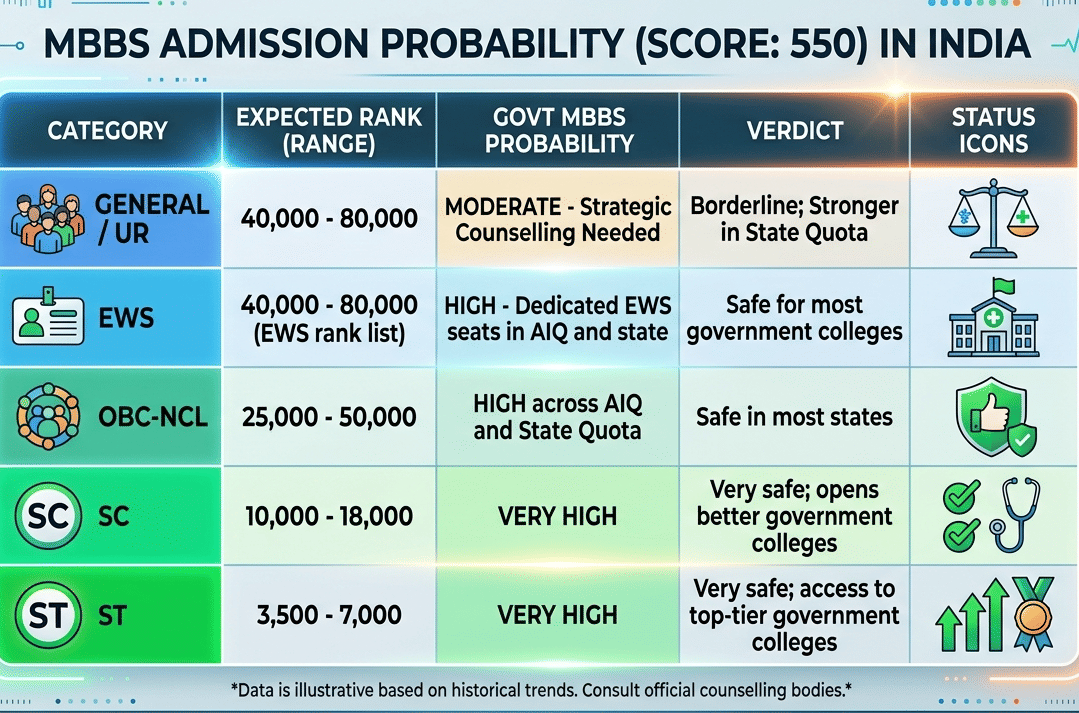 550 Marks in NEET 2026 Category-Wise Admission Chances