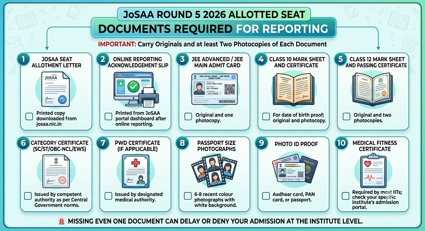 JoSAA Round 5 2026 Allotted Seat Documents Required for Reporting to Institute