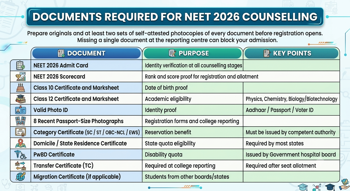 Documents Required for NEET 2026 Counselling