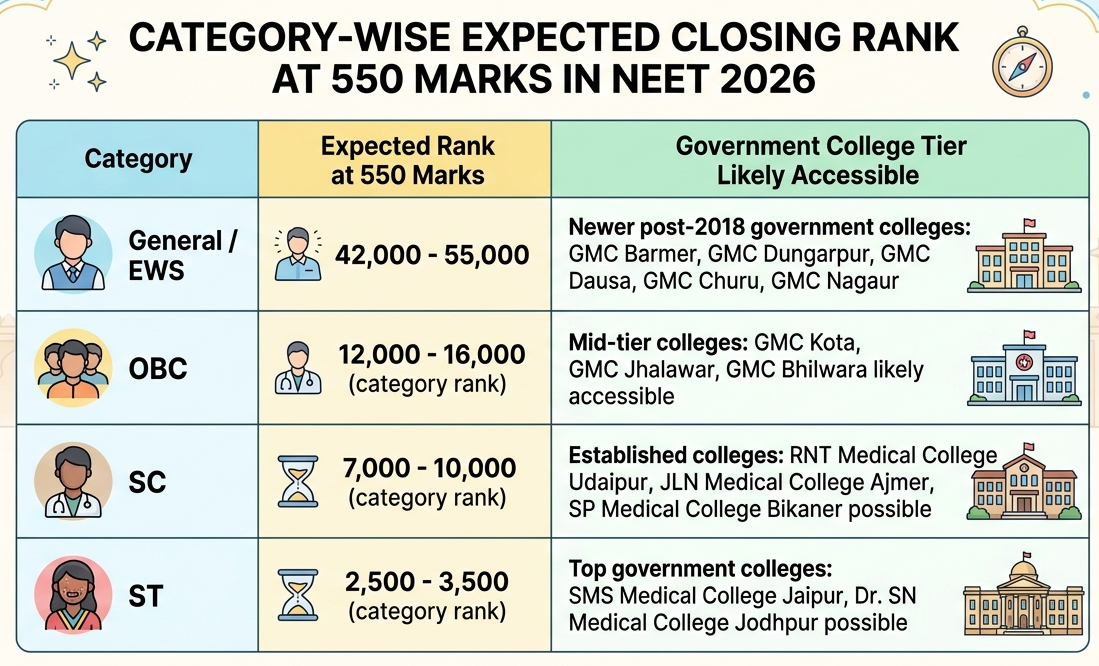 Category-Wise Expected Closing Rank at 550 Marks in NEET 2026