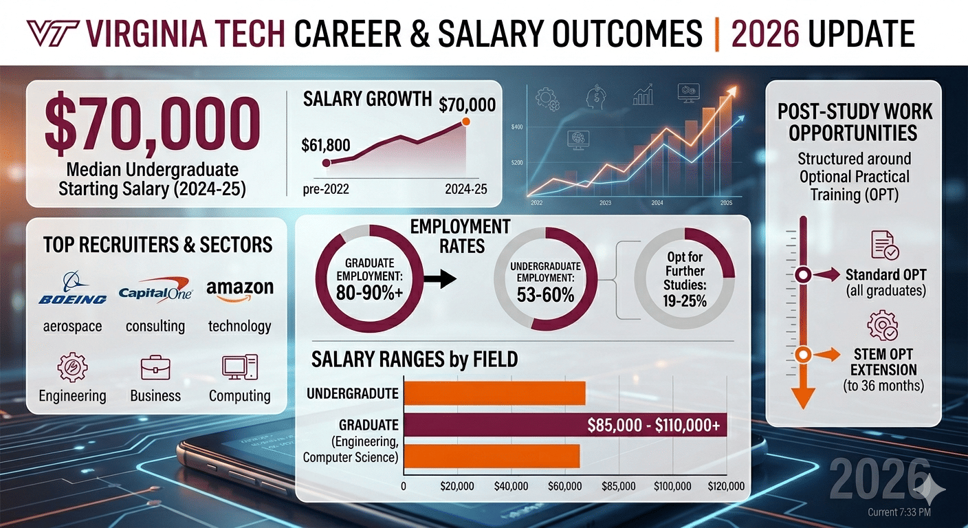 Infographic titled &ldquo;Career & Salary Outcomes | 2026 Update&rdquo; for Virginia Tech highlighting graduate outcomes. It shows a median undergraduate starting salary of $70,000 with growth from $61,800 pre-2022 to $70,000 in 2024&ndash;25. Top recruiters include Boeing, Capital One, and Amazon across sectors like aerospace, consulting, and technology. Employment rates are shown as 80&ndash;90%+ for graduates and 53&ndash;60% for undergraduates, with 19&ndash;25% pursuing further studies. Salary ranges indicate undergraduate earnings around $65,000&ndash;$70,000 and graduate (Engineering/Computer Science) salaries of $85,000&ndash;$110,000+. A side panel explains post-study work options through Optional Practical Training (OPT), including standard OPT and STEM OPT extension up to 36 months.