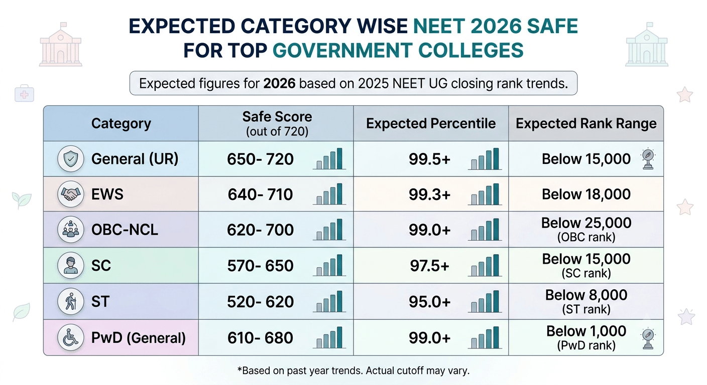 Category Wise NEET 2026 Safe Score for Top Government Colleges