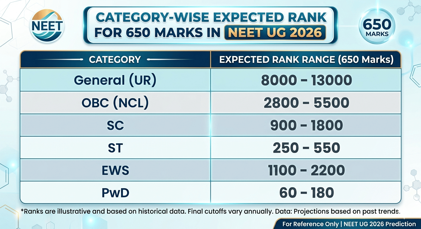 Category Wise Expected Rank for 650 marks in NEET UG 2026