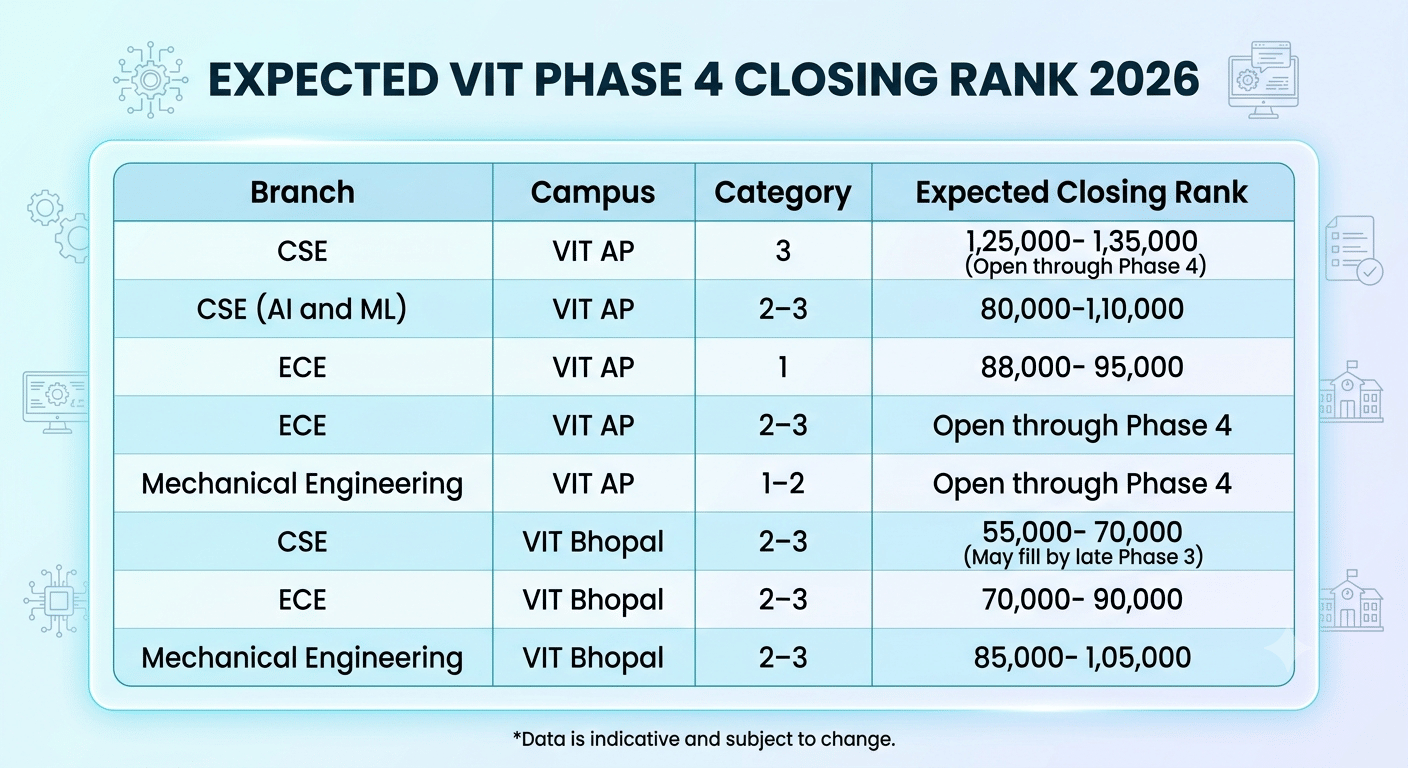 VIT Bhopal and VIT AP Phase 4 Expected Closing Rank 2026