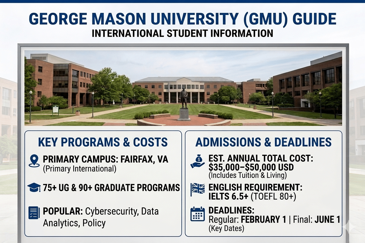 Infographic titled &ldquo;George Mason University (GMU) Guide &ndash; International Student Information&rdquo; for George Mason University. It features a campus image with a central statue and academic buildings. The graphic highlights key details: primary campus in Fairfax, Virginia; over 75 undergraduate and 90+ graduate programs; popular fields like cybersecurity, data analytics, and policy. It also lists estimated annual costs of $35,000&ndash;$50,000 (including tuition and living), English requirements (IELTS 6.5+ or TOEFL 80+), and application deadlines (February 1 regular, June 1 final).