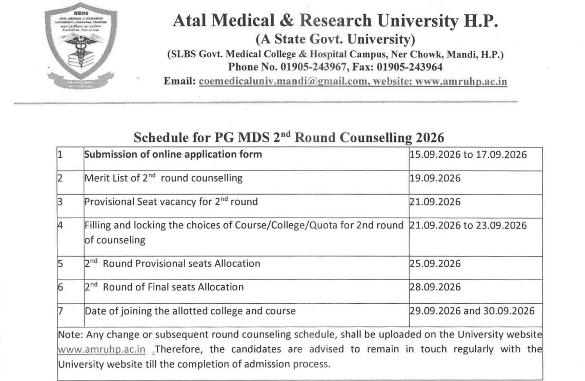 HP NEET MDS Round 2 Counselling 2026 Schedule